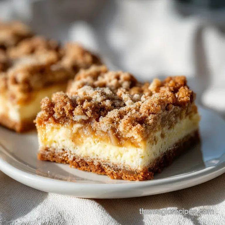 A slice of caramel apple cheesecake bar revealing layers of graham cracker, rich filling, and glistening caramel-apple top...