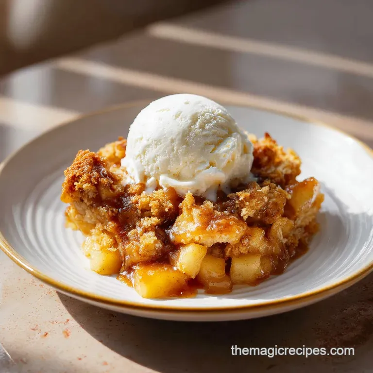 A scoop of warm caramel apple cobbler, topped with melted vanilla ice cream and a drizzle of sauce.