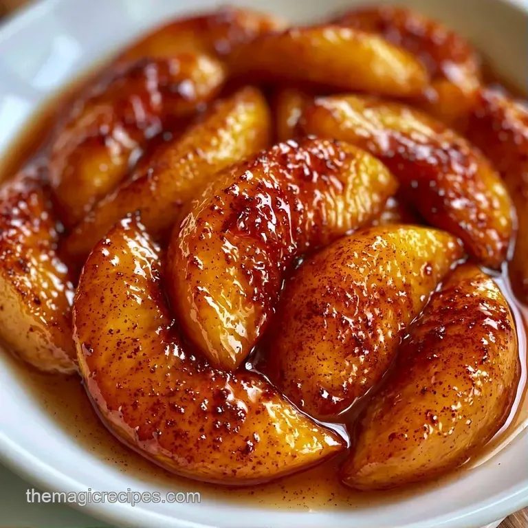 Golden peach halves glistening with brown sugar syrup, elegantly plated with a dollop of vanilla bean ice cream.