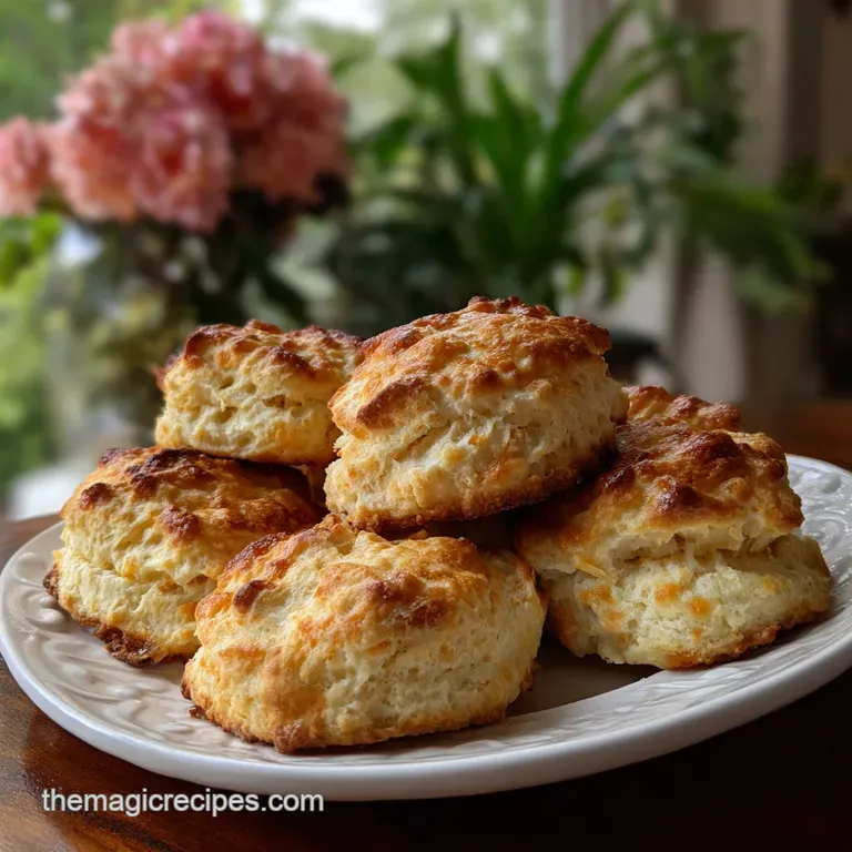 Stack of three tall, flaky cathead biscuits on a linen-lined plate, dappled light highlighting crumbly edges, tempting stack.