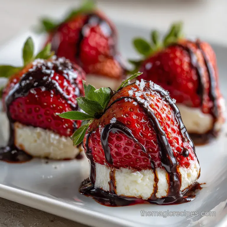 A trio of cheesecake-stuffed strawberries plated elegantly with powdered sugar and chocolate sauce on a white plate.