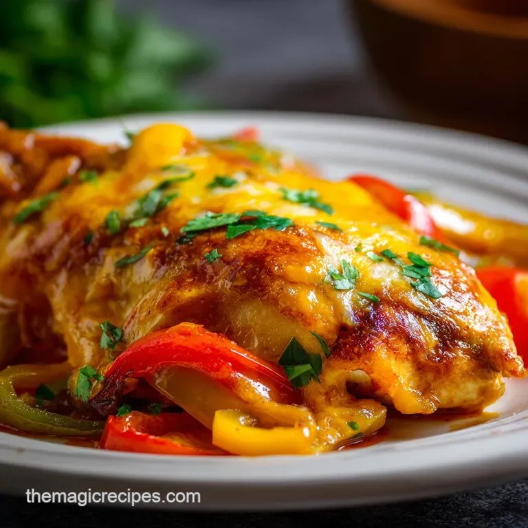 A glistening chicken fajita bake served on a rustic wooden board, garnished with fresh cilantro and a dollop of sour cream.