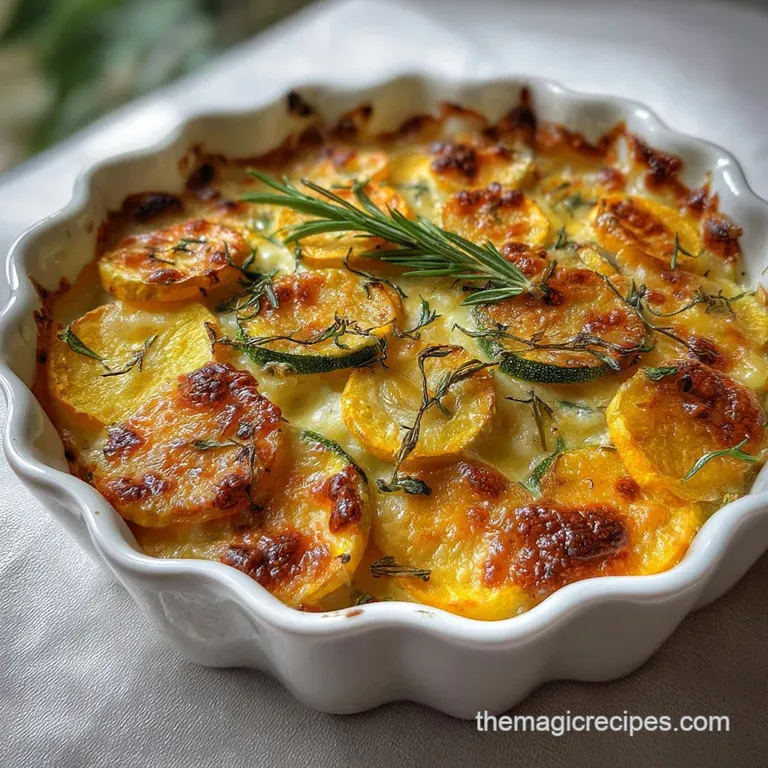 A generous scoop of cheesy squash casserole, steam rising, next to a sprig of thyme, showcasing creamy and crisp contrasts.