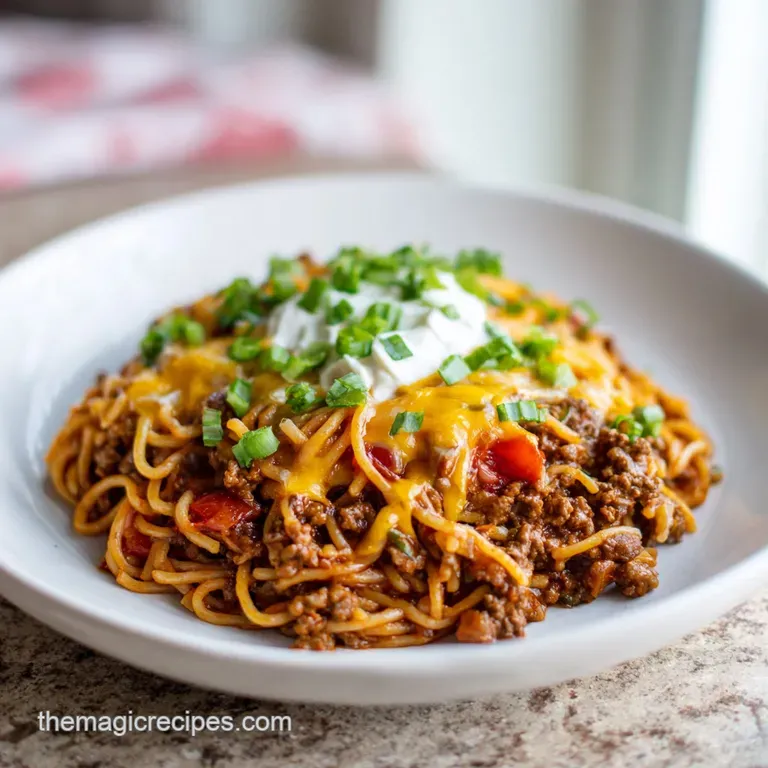 A fork lifts cheesy taco spaghetti; ground beef and colorful taco toppings are visible in the strands.