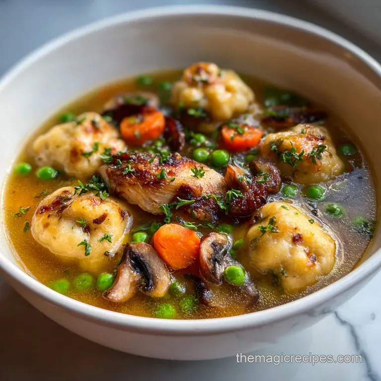 A steaming bowl of chicken and dumplings. Tender chicken and plump dumplings in a creamy sauce, sprinkled with fresh pars...