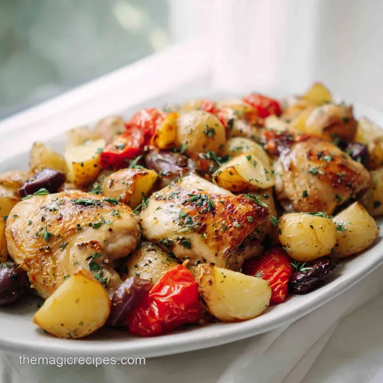 Chicken thigh and potato wedges plated, glistening with oil, sprinkled with fresh herbs and cracked black pepper. Rustic a...