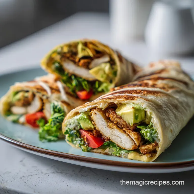 Halved chicken avocado wrap with creamy filling spilling out. Side of bright leafy greens, drizzled with a light vinaigrette.