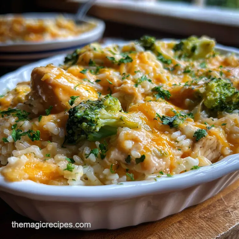 Creamy chicken and broccoli casserole artfully plated with a sprinkle of herbs. Steaming, tender textures complement the g...