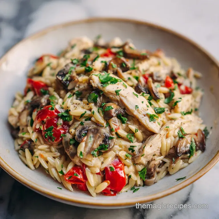 A swirl of glistening orzo dotted with tender chicken and browned mushrooms. Bright green parsley adds a pop of freshness.