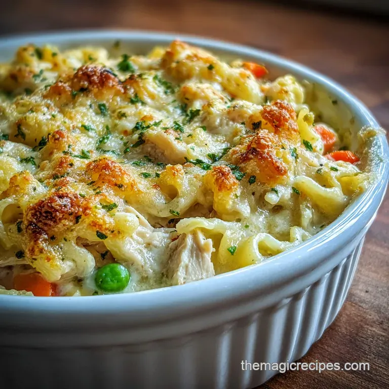 Creamy, comforting casserole scoop on a plate; egg noodles, shredded chicken, veggies. Steaming & topped with parsley sprig.