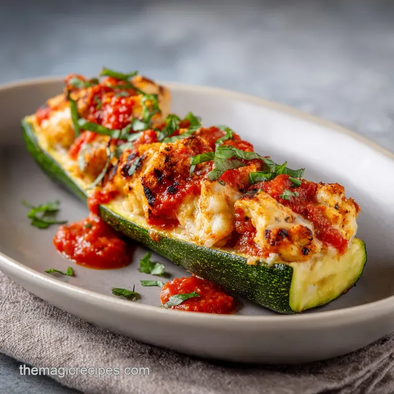 A single zucchini boat, generously filled with crispy chicken and bubbling cheese, rests on a white plate with a fork nearby.