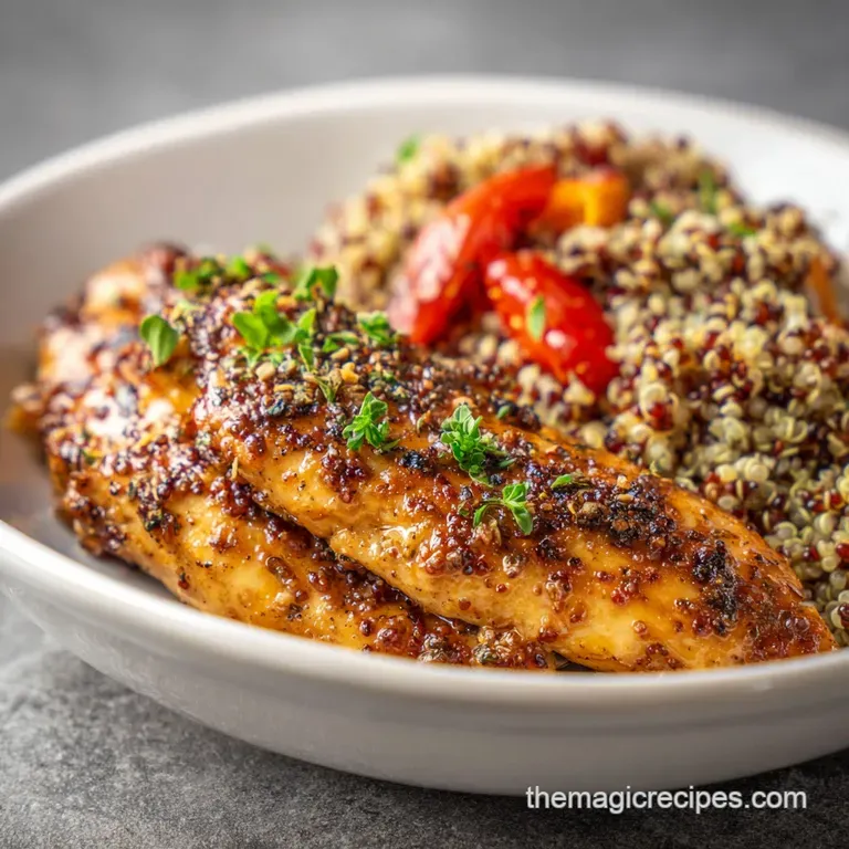 Perfectly plated chicken and quinoa with a bright green garnish. Chicken is tender and juicy with slight char.