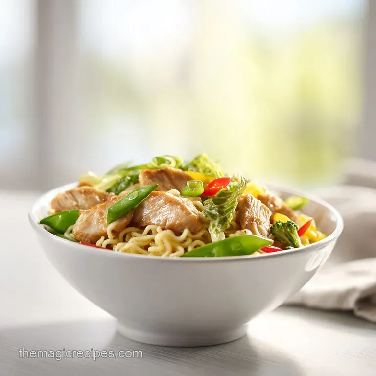 Perfectly portioned ramen stir fry; glistening noodles, juicy chicken, and vibrant vegetables create an inviting plate.
