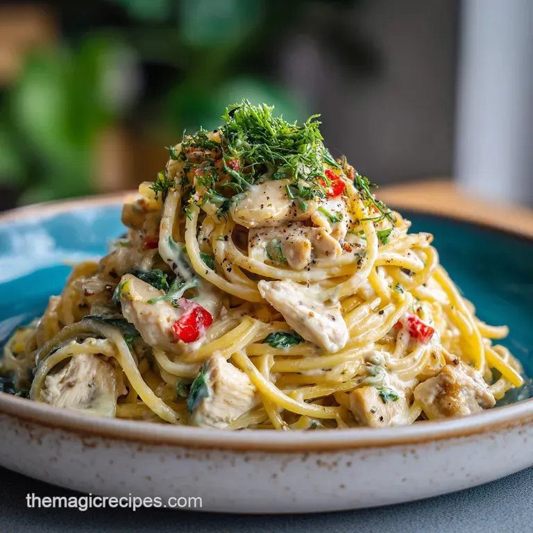 Elegant plate of creamy chicken spaghetti, topped with vibrant parsley and a dusting of parmesan; inviting and comforting.
