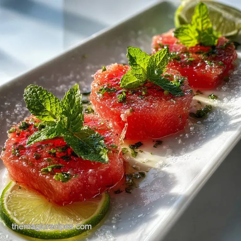 Individual skewers of chilled watermelon, feta, and mint, drizzled with a deep brown balsamic, showcasing clean, bright fl...