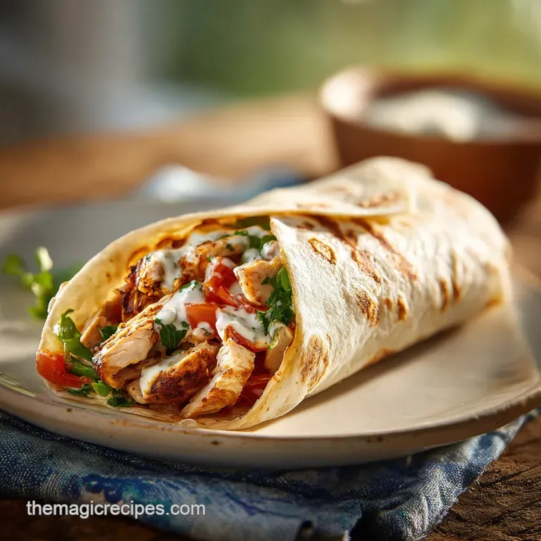 A perfectly halved burrito reveals layers of grilled chicken, colorful peppers, and creamy sauce on a white plate.