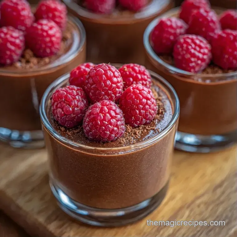 Deep brown velvety cream in a crystal goblet, garnished with a bright red raspberry and a tiny sprig of green mint.