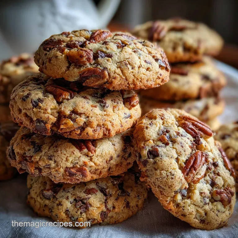 Stack of warm, chewy chocolate chip pecan cookies on a white plate, dusted with powdered sugar, invitingly simple.