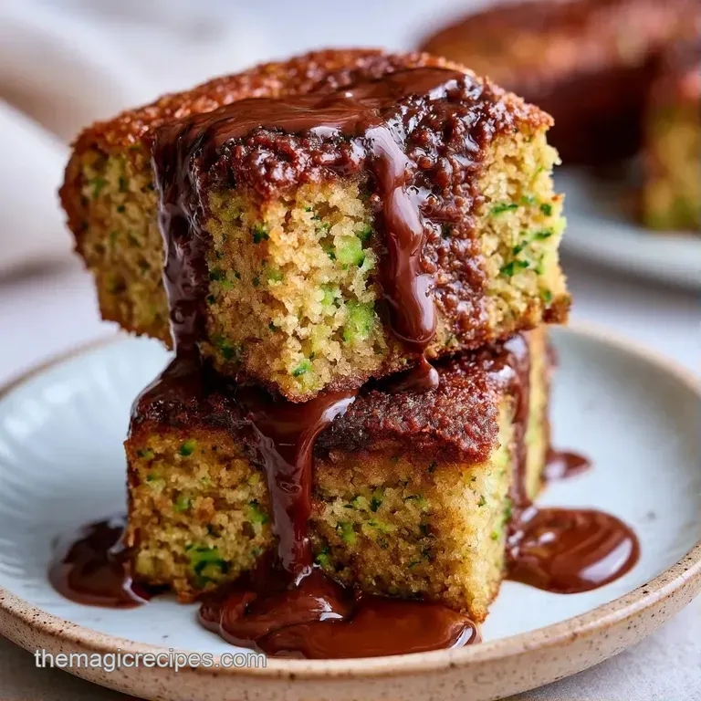 Square slices of buttery cake with dark chocolate chips on a white plate, dusted with powdered sugar and mint leaves.