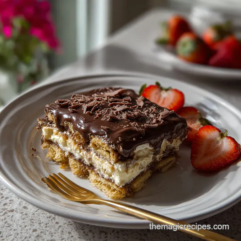 Layers of rich chocolate cake, creamy custard filling, and glossy fudge glaze, dusted with cocoa powder, arranged on a whi...