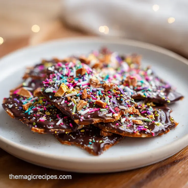 Irresistible shards of dark chocolate toffee, glistening and artfully arranged on a plate