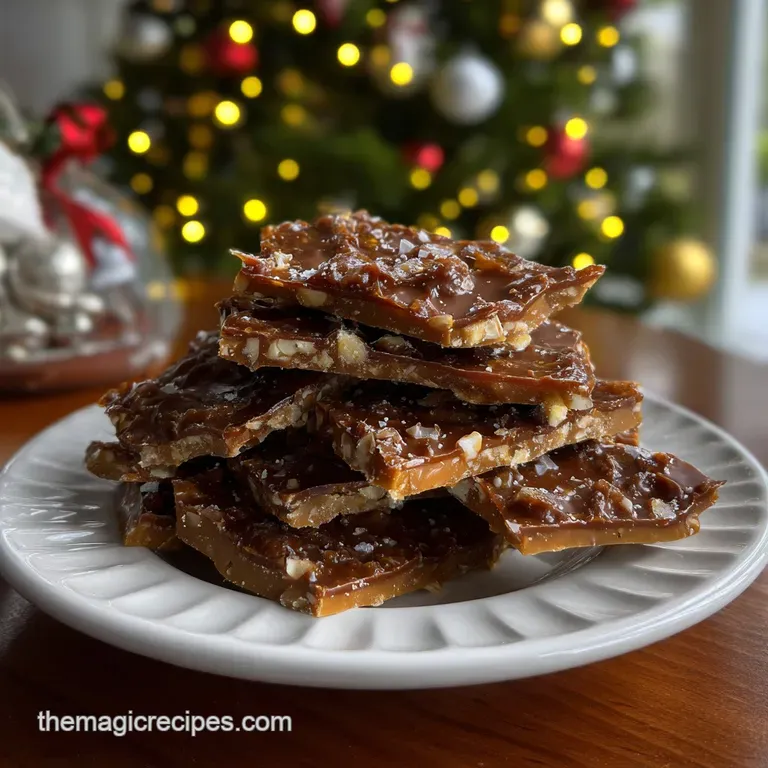 Artfully arranged toffee shards on a small white plate with a sprinkle of sea salt, creating an elegant contrast with the ...
