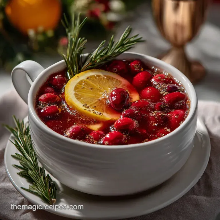 Crystal glasses filled with ruby-red punch, garnished with apple fans and rosemary sprigs, reflecting holiday lights. Eleg...