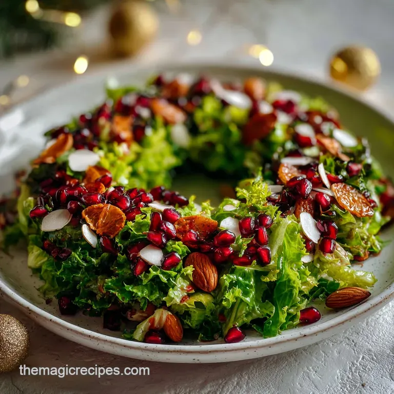 Elegant Christmas salad plate: mixed greens, jewel-like pomegranate, snow-white cheese, toasted pecans, bright and invitin...