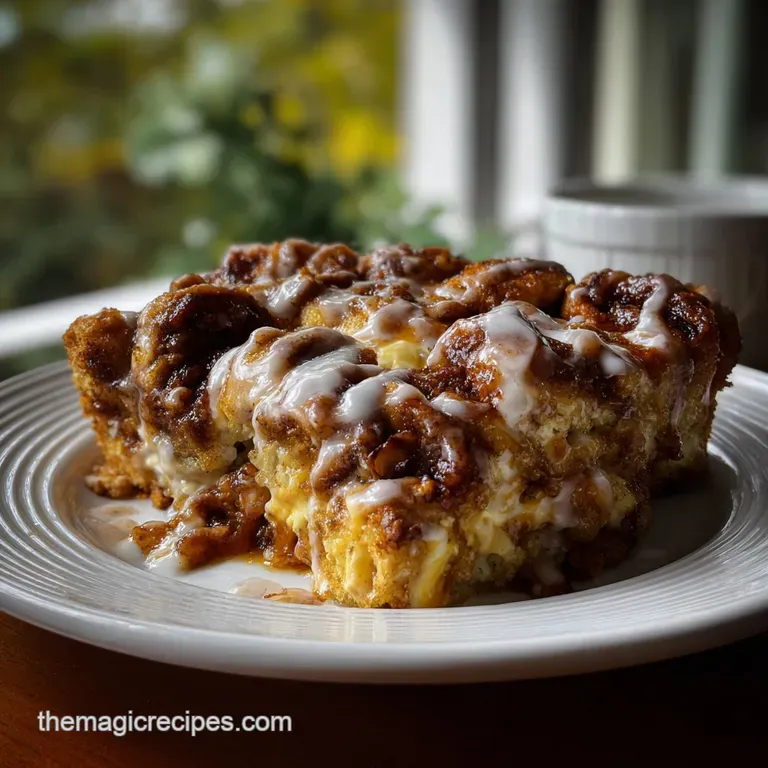 Individual portions of cinnamon roll casserole, drizzled with creamy icing, presented on a white plate with fresh fruit an...