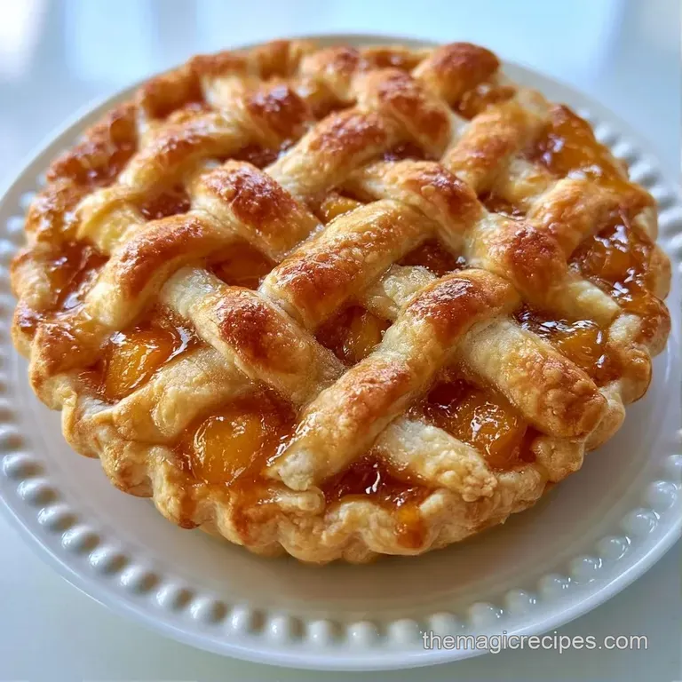 A slice of warm fruit pie on a white plate with a melting scoop of vanilla ice cream and a mint leaf garnish.