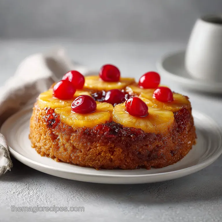 A slice of moist pineapple cake with a rich caramel glaze, artfully arranged on a white plate with fresh mint.