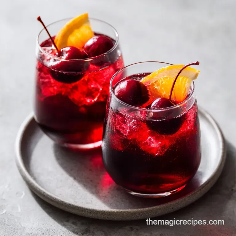 A chilled glass of sangria, glowing with red hues, adorned with bright orange and lime wedges.
