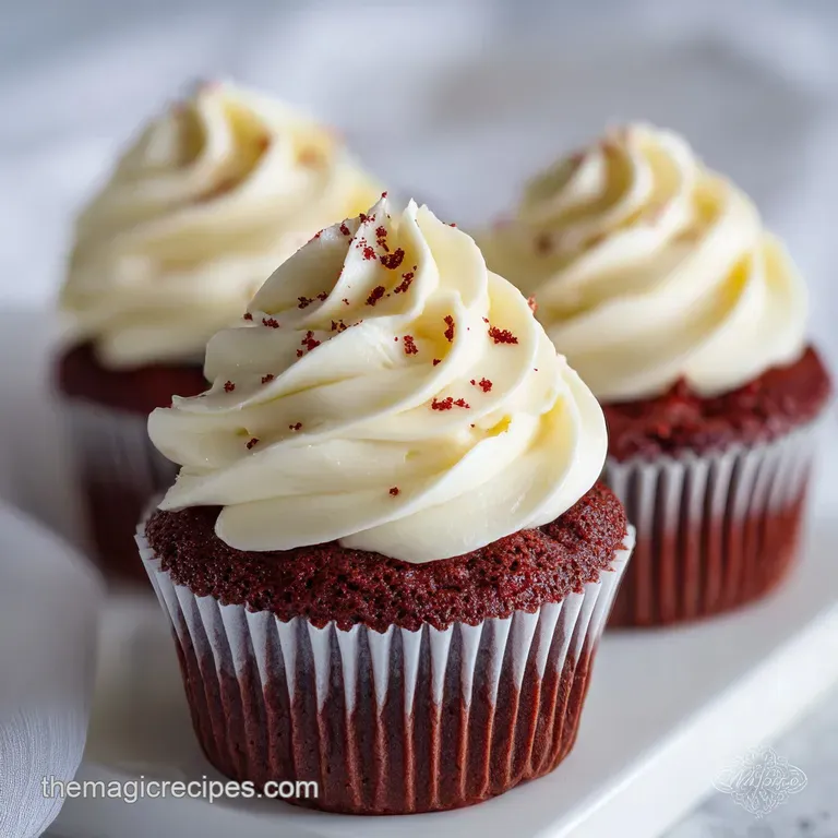 Elegant red velvet cupcake with cream cheese frosting piped high, a tempting treat against a blurred, romantic backdrop.