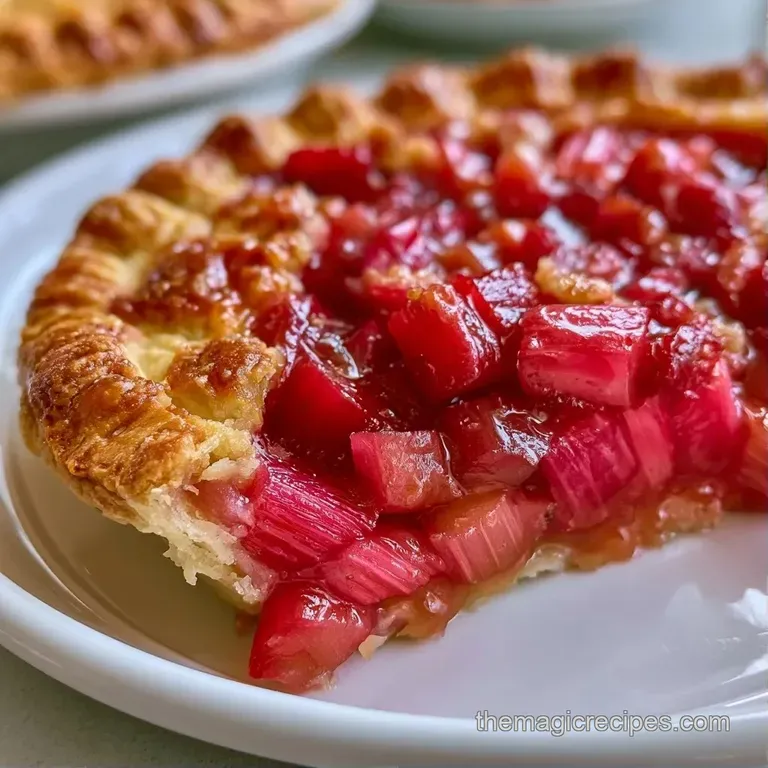 A slice of tart pink pie topped with a melting scoop of vanilla ice cream on a clean white ceramic plate.