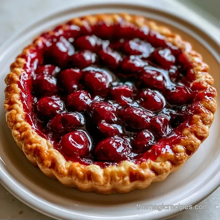 A slice of glossy red cherry tart with a buttery golden crust on a white plate, paired with melting vanilla cream.