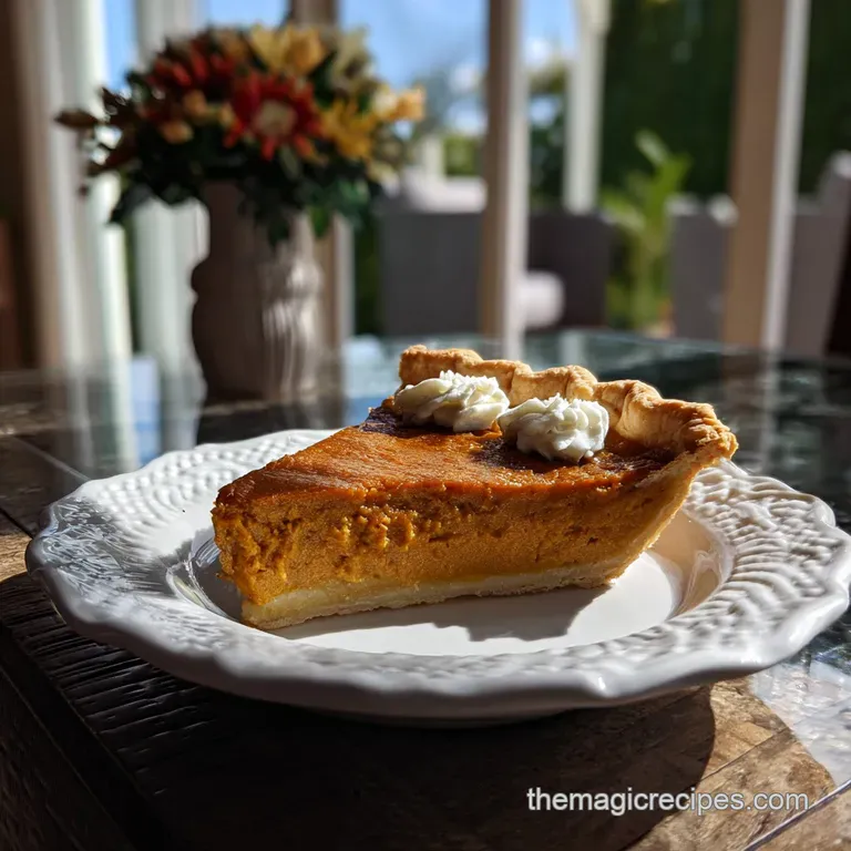 Slice of sweet potato pie with whipped cream rosette and nutmeg, sitting on a vintage plate. Warm inviting colors.