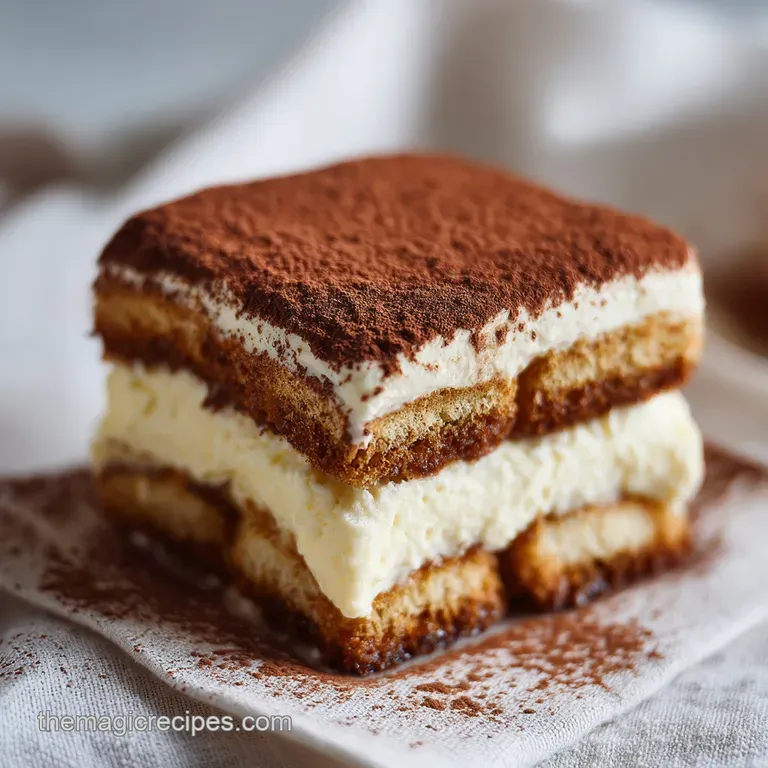 A square slice of creamy layered dessert on a white ceramic plate, finished with a sprinkle of dark cocoa powder.