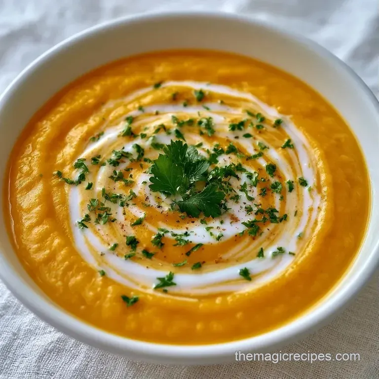 An elegant white bowl of pale orange soup topped with a drizzle of coconut cream and a sprig of fresh green cilantro.