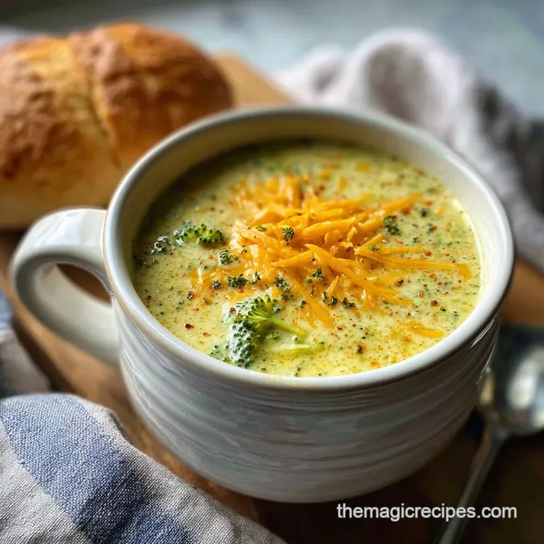A steaming bowl of thick, cheesy broccoli soup, garnished with fresh parsley and a drizzle of cream, inviting warmth and c...