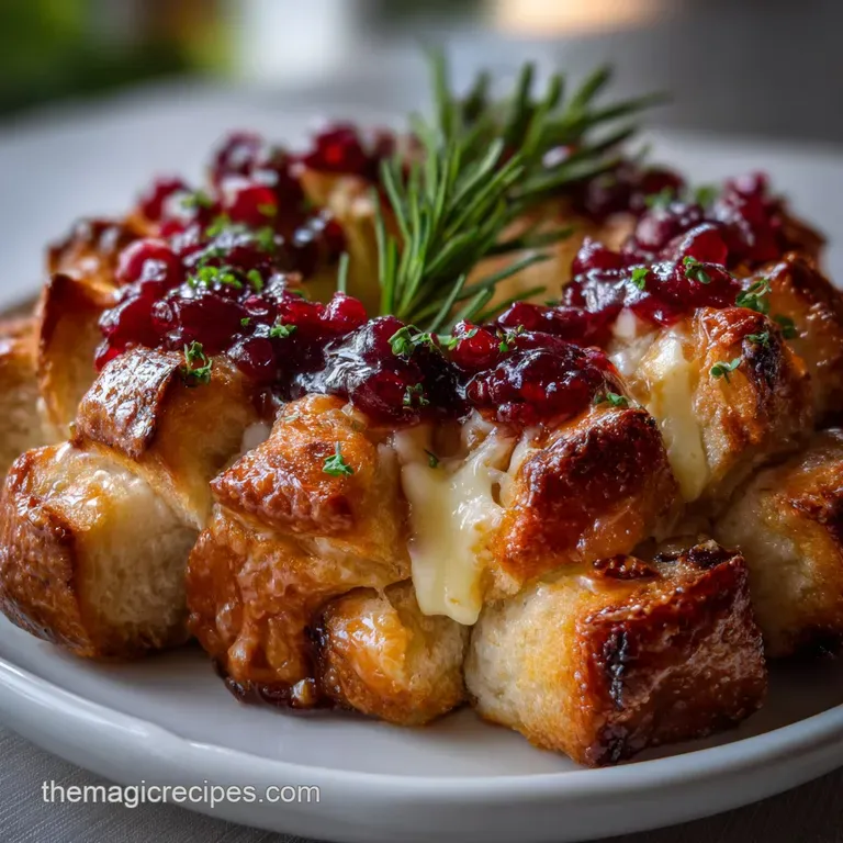 Elegant plate featuring a warm, oozing brie wheel, dollops of bright cranberry compote, and toasted baguette slices arrang...