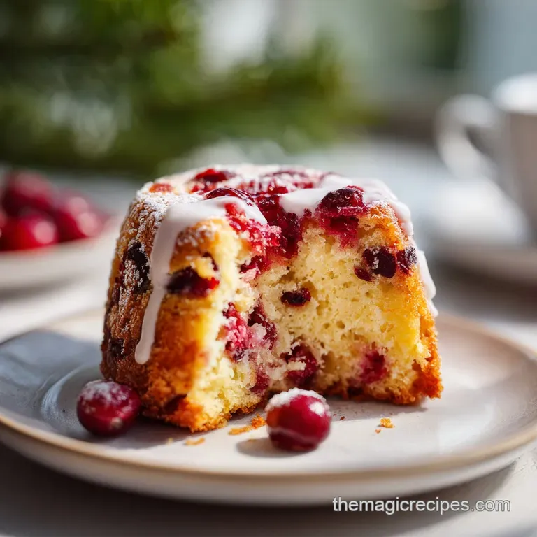 A slice of moist cranberry orange cake with a dusting of powdered sugar, showing the crumb, vibrant cranberries and zest.