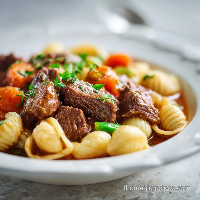 Close up of creamy shells and beef plated; steam suggests it's hot, with melted cheese and flecks of green herbs for fresh...