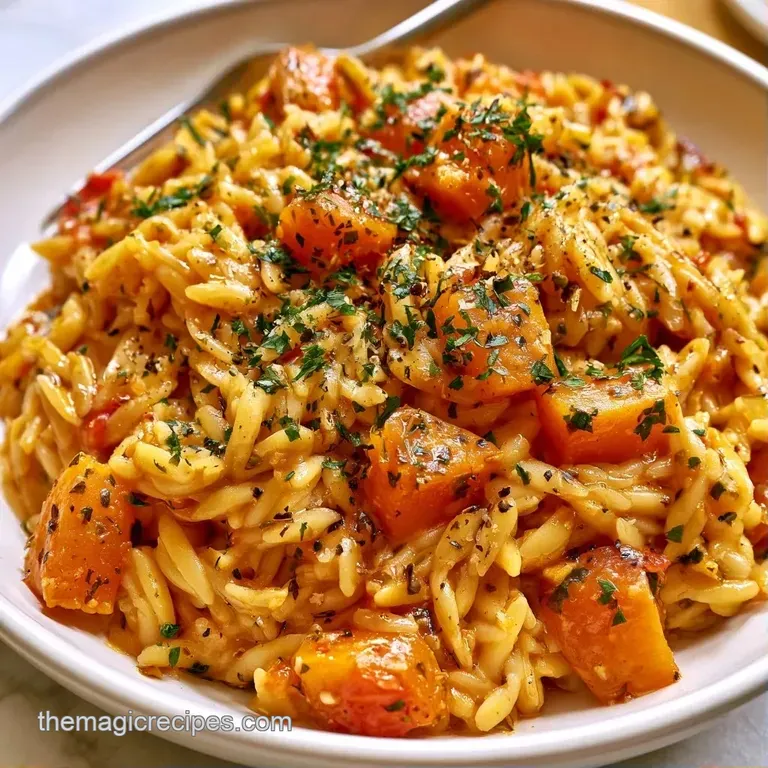 Elegant white bowl filled with orange creamy pasta, garnished with toasted sage leaves and a sprinkle of black pepper.