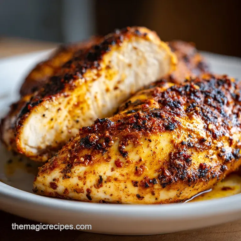 Plated Cajun chicken: Creamy sauce glistens, highlighting tender chicken. Fresh herbs add pop on a pristine white plate.