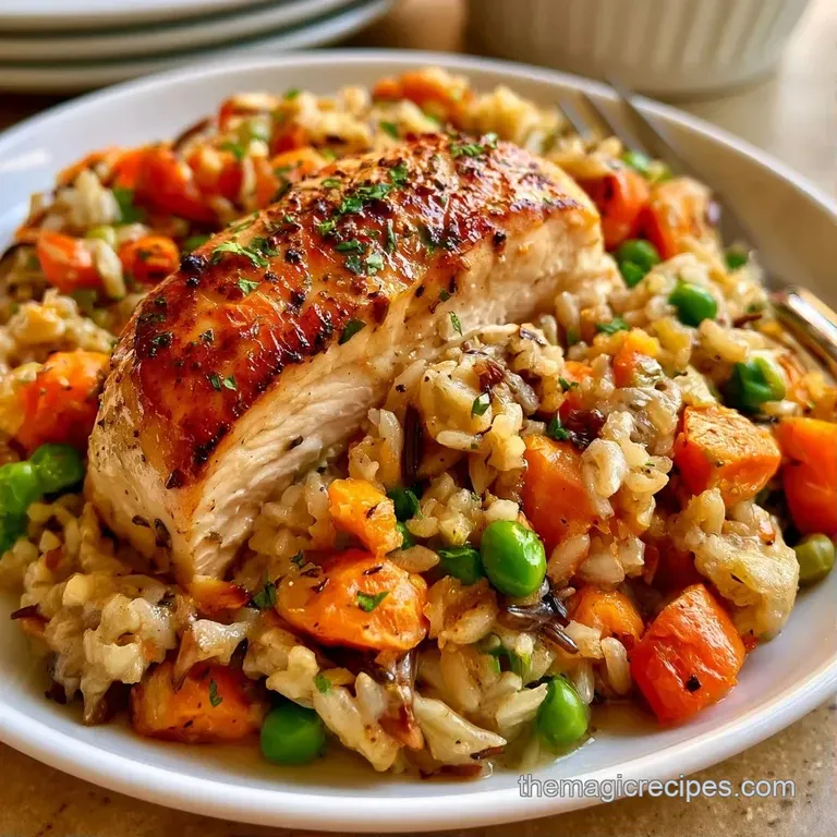 A creamy chicken bake served in a white bowl, garnished with fresh parsley and a sprinkle of cracked black pepper