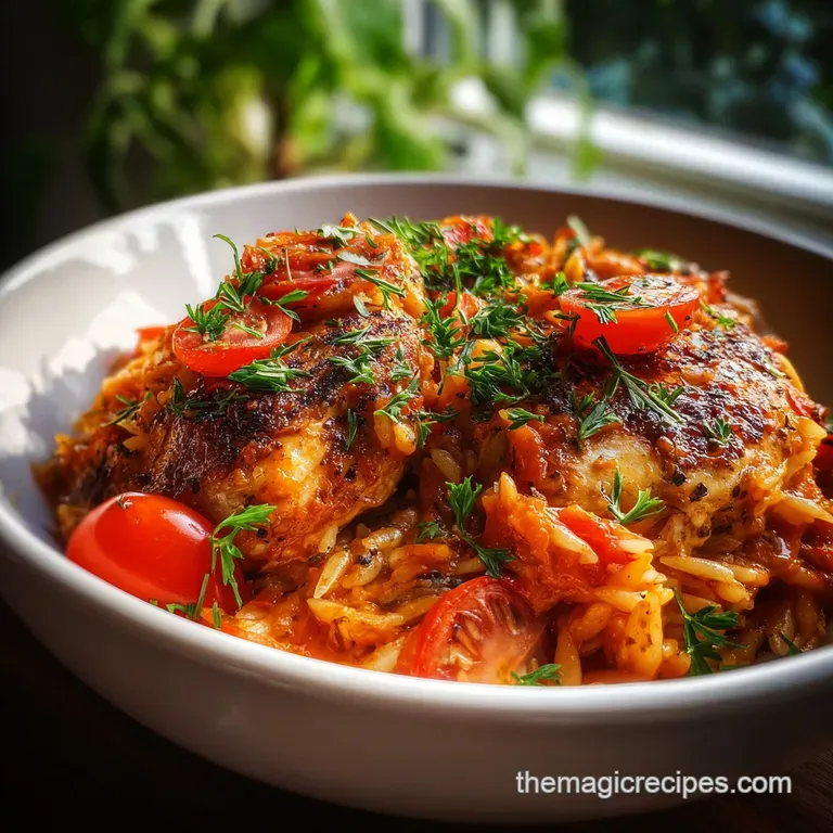 A single serving of creamy chicken orzo with vibrant tomatoes, garnished with basil and a lemon wedge on a white plate.