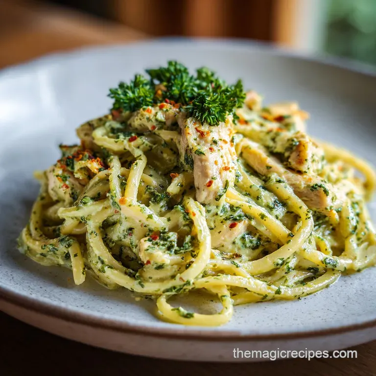 A twirl of pesto pasta with glistening chicken, artfully plated and garnished with fresh basil, ready to be enjoyed.