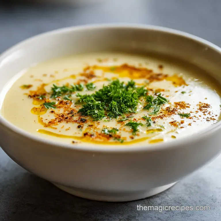 Elegant bowl of silky chicken potato soup, garnished with fresh parsley and a drizzle of cream. Warm and inviting.