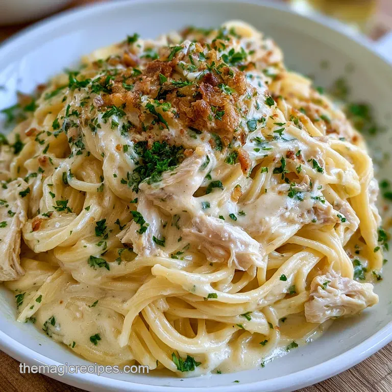 A white plate featuring a scoop of creamy pasta topped with melted cheese and a sprinkle of fresh green parsley.