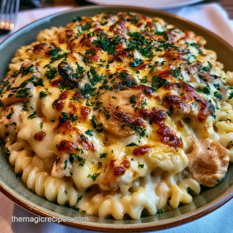 Elegant swirl of creamy white pasta with mushrooms and chicken, served on a minimalist plate with a sprig of parsley.